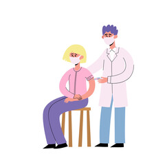 Vector illustration of doctor giving shot of vaccine or insulin