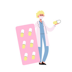 Vector illustration of tiny doctor carries huge pills for patients.