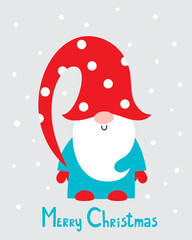 Vector greeting card of cartoon Christmas gnome isolated on gray.