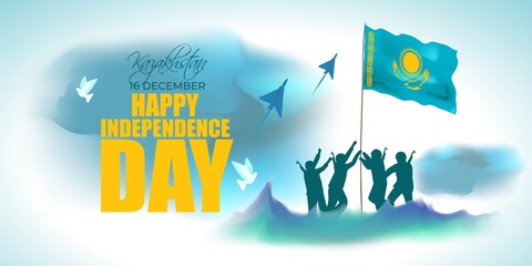 Vector illustration for Kazakhstan Independence day, national day, soldiers, flag hoisting, pigeon, mountain on abstract background with patriotic color theme.