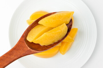 Canned peaches on a white background