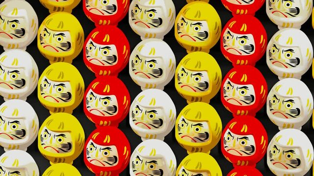 3 colors Daruma dolls on black background.
Loop able animation for background.