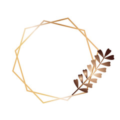 Abstract modern gold frame with tropical leaves plants. Scandinavian line style polygonal glitter triangles, geometric, diamond shapes. Vector illustration