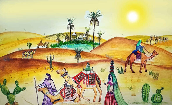 Hand drawn watercolor arabic desert illustration Premium Vector