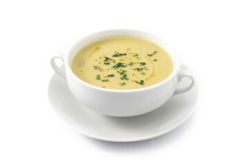 Fresh green asparagus soup isolated on white background