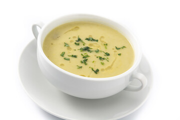 Fresh green asparagus soup isolated on white background