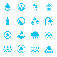 Water icons set isolated on background. Collection of modern water icons for design elements, label, pictogram,  sign, symbol and logo template. Water drop icons. Water icons vector