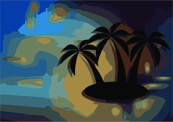 Sunset and palm trees vector illustration.
