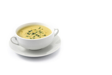 Fresh green asparagus soup isolated on white background.Copy space