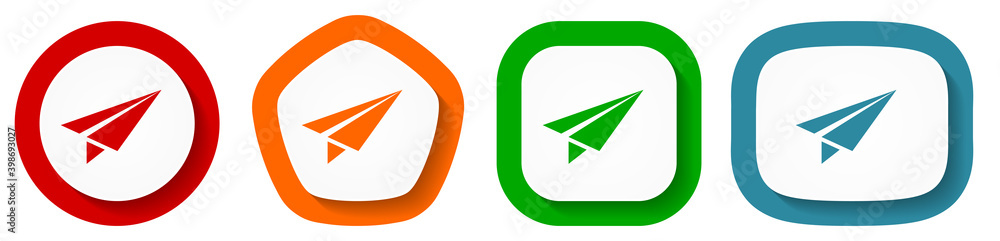 Poster Paper plane vector icon set, flight flat design buttons on white background