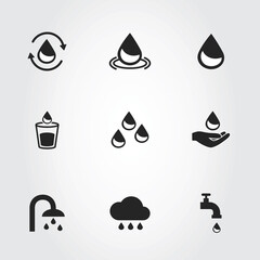 Water icons set isolated on background. Collection of modern water icons for design elements, label, pictogram,  sign, symbol and logo template. Water drop icons. Water icons vector