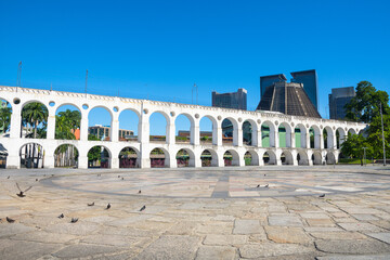 View of Lapa Arches with Cathedral Building in the background - Rio de Janeiro, Brazil