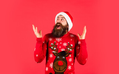 New year party. Christmas time. Have fun. Promoting goods. Finding perfect present. Bearded man...