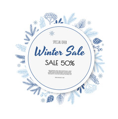 Christmas, new year, winter sale banner. Poster, background, flyer, invitation card, template design with snowflakes.