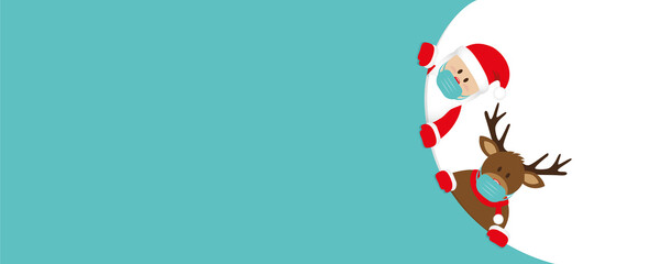 red christmas banner with cute santa claus and deer with face mask vector illustration EPS10