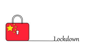 China lockdown preventing coronavirus spread or outbreak. Vector illustration. Continuous one line drawing lock with China flag and lettering Lockdown.