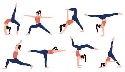 Yoga set. Isolated on white background woman yoga. Healthy lifestyle. Vector illustration