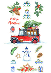 Red christmas retro car, happy new year truck, oldtimer, snowflackes, christmas tree, Snowman, gifts. Isolated element  on a white background.  Hand drawn in watercolor. Stock illustration.
