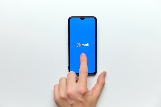 Russian mail search engine on a mobile phone screen. russia, st.petersburg, 8 december 2020.