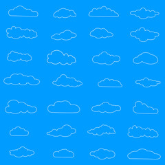 Outline cloud icons set isolated on blue background. Collection of different black clouds. Cartoon contour icons for web site, background template, wallpaper and sky design. Clouds thin line vector