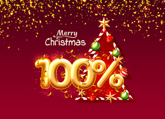 Merry Christmas, sale 100 off ballon number on the red background.