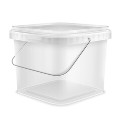 Transparent square empty plastic bucket with lowered metallic handle. Front view from the corner. - 398695250