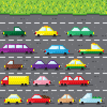 A car on the road pixel art. Vector picture.