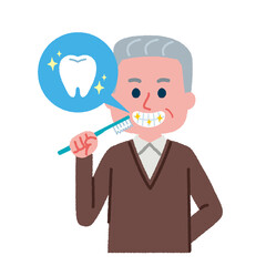 歯磨きをしているシニア男性のイラスト素材