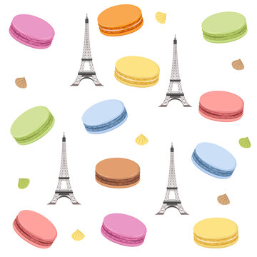 Seamless pattern with colorful French macaroons and Eiffel Tower. Vector illustration for design.
