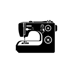 Black icon sewing machine isolated on background. Vector illustration flat design. Tool for the tailor and seamstress. Sewing shop equipment.