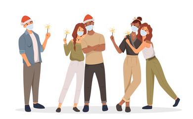 Group of standing people. Cheerful friends celebrate Christmas or New Year amid coronavirus and pandemic conditions. Sparklers, Santa hat, face masks. Lesbian, African American and European couple.