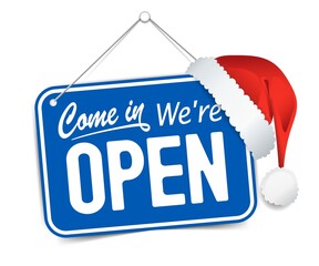 Blue sign Come in we are Open for holidays, with shadow. Santa hat. Realistic Design template - 398696408