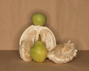 Still life pomelo, pear and apple