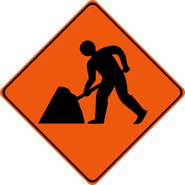 Warning sign with road works