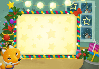 cartoon scene with christmas room and frame illustration