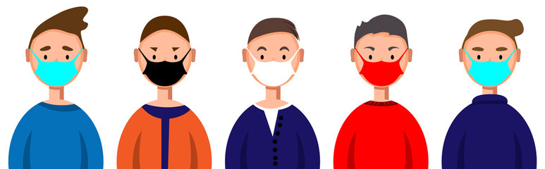 Different men in masks. People in medical masks, virus protection.