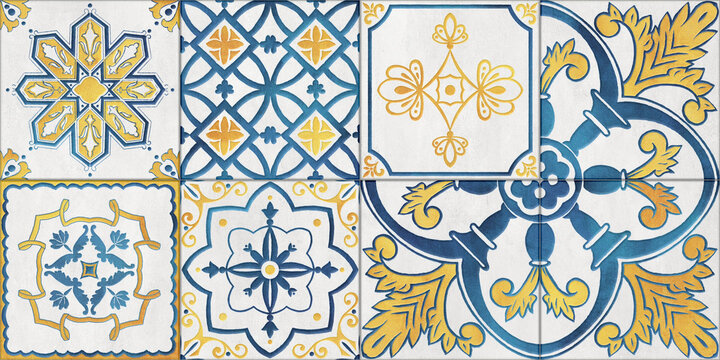 Digital colorful wall tile design for washroom and kitchen. Italian ceramic tile pattern on the marbles. Ethnic folk ornament. Mexican talavera, Portuguese azulejo or Spanish majolica.
