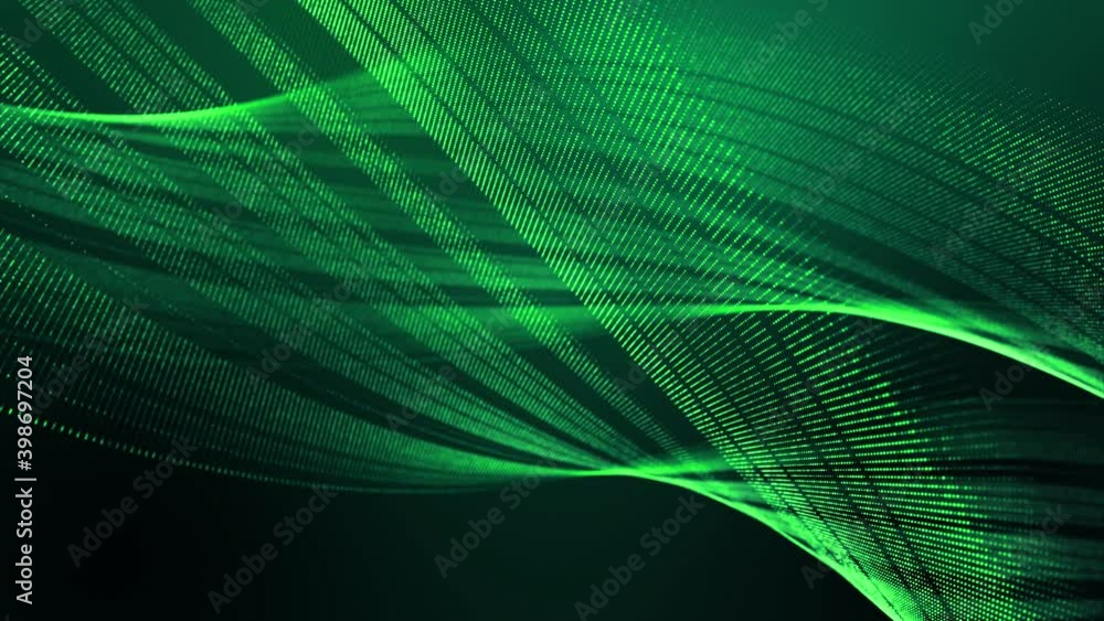 Poster 4k looped abstract green background of glow particles form lines, surfaces, spiral structures as fut