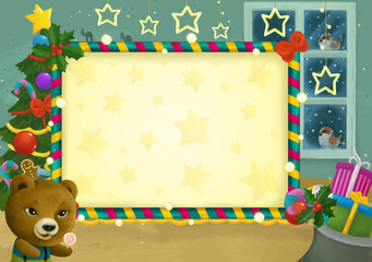 cartoon scene with christmas room and frame illustration