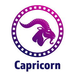 Black zodiac sign Capricorn depicting a goat head with huge horn in a circle. Side view. Illustration of an astrology sign. Vector flat design icon of a Mountain goat