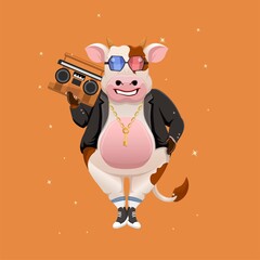 cartoon of a cow listening to music on the radio (World Radio Day)