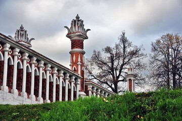 View of the Figured bridge over the pond in Tsaritsyno park in Moscow. Popular landmark.
