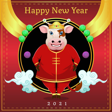 Chinese New Year's Day greeting card with cartoon cows wearing traditional Chinese clothes
