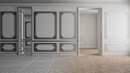 Architect interior designer concept: hand-drawn draft unfinished project that becomes real, classic open space, parquet, trim molding, architecture, no people, mock-up, copy space