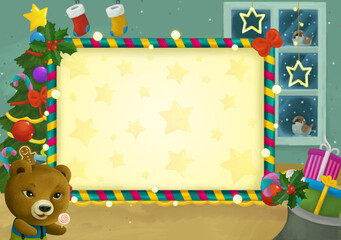 cartoon scene with christmas room and frame illustration