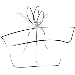 The gift box sketch vector illustration, simple black and white box with bow and fir, present christmas box picture