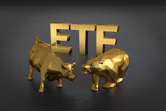 Exchange traded fund concept. A bull and bear in front of the golden text ETF.