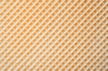 Empty wafer texture as background. Closeup view of golden waffle. Top view