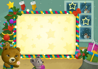 cartoon scene with christmas room and frame illustration