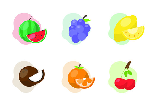 Vector fruit icons isolated on white background. Colored icons with citrus fruits.